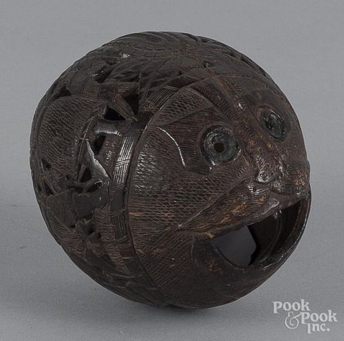 Carved coconut shell bank, 19th c.