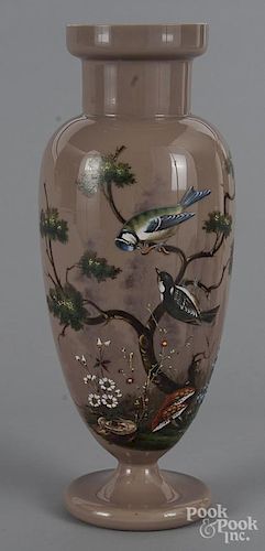 Painted Japanesque style glass vase, 16'' h.