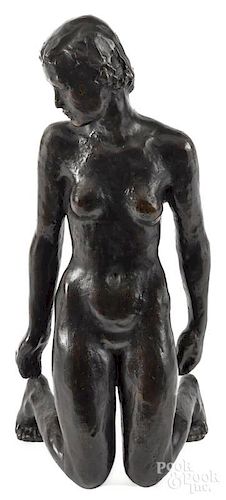 Patinated bronze kneeling female nude