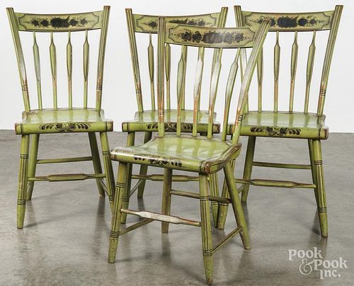 Set of four Pennsylvania painted plank seat chairs