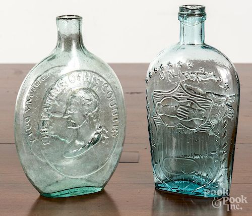 Two aquamarine historical flasks, 19th c.