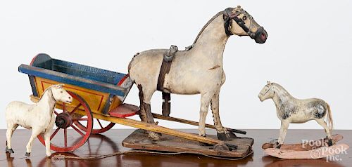 Horse drawn wood cart pull toy, 19'' l.