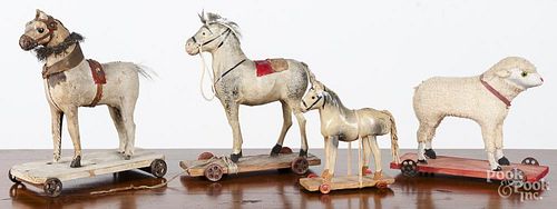 Three composition horse pull toys, longest - 6 1/4