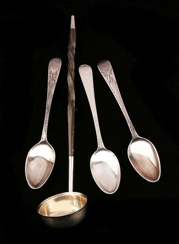 18TH C WHALEBONE TODDY LIFTER WITH BATEMAN SPOONS