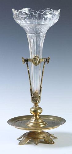 CLASSICAL MOTIF CUT CRYSTAL AND BRASS EPERGNE