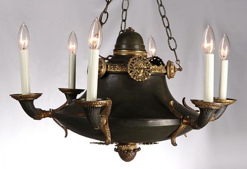 A 20TH C. FRENCH EMPIRE STYLE BRONZE CHANDELIER