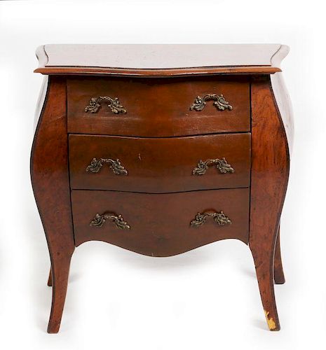 A MINIATURE THREE DRAWER BOMBE' COMMODE