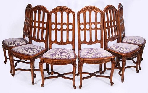 SIX ITALIAN CARVED FRUITWOOD DINING CHAIRS C. 1900
