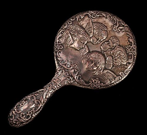 A STERLING SILVER HAND MIRROR WITH REYNOLDS ANGELS