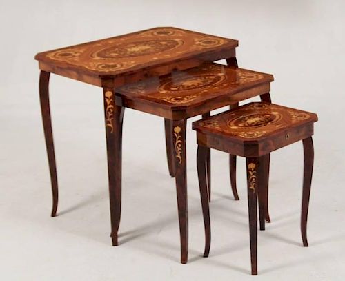 NEST OF 3 WALNUT AND MARQUETRY TABLES