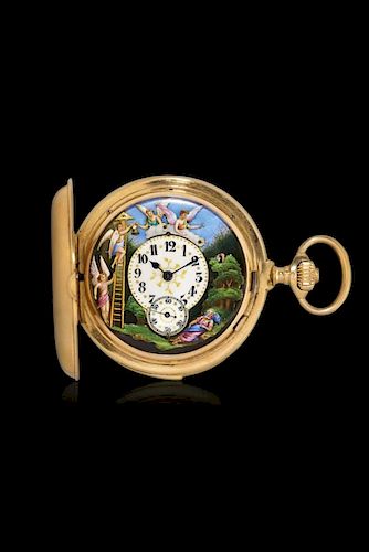 Swiss key-winding pocket watch with minute repeater and automaton, movement signed LeCoultre, early 1900s