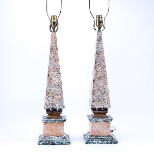 Pair of Neoclassical Style Polychrome Faux Marble Obelisk Form Lamps.