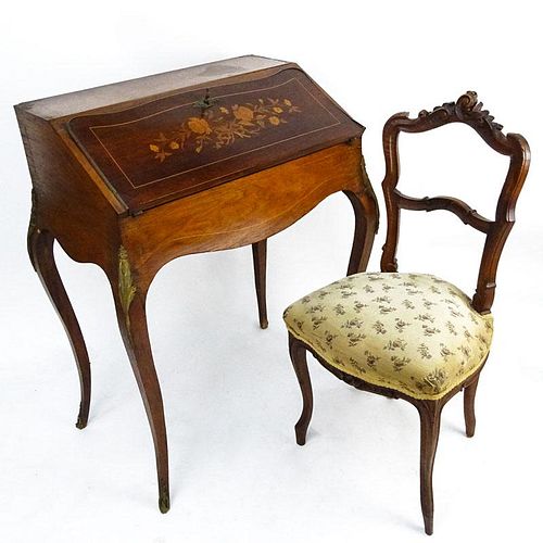 Early 20th Century Louis XV style Bronze Mounted Marquetry Inlaid Rosewood Lady's Writing Desk, Bonheur de Jour together with