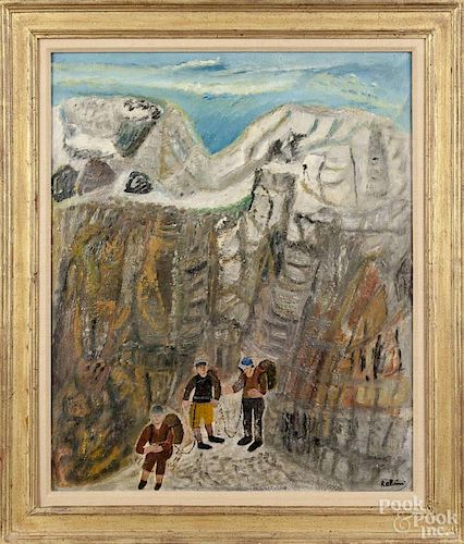Oil on board primitive landscape with mountain climbers, early/mid 20th c., signed Rabin, 24'' x 20