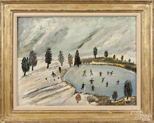 Oil on board primitive winter landscape, early/mid 20th c., with figures skating, signed Rabin, 15
