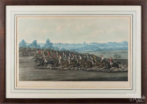 Color engraved horse racing scene, after Alken, 17'' x 30''.