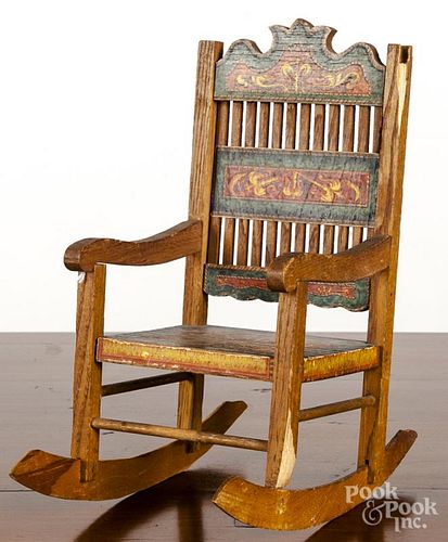 Paper lithograph over wood doll rocking chair