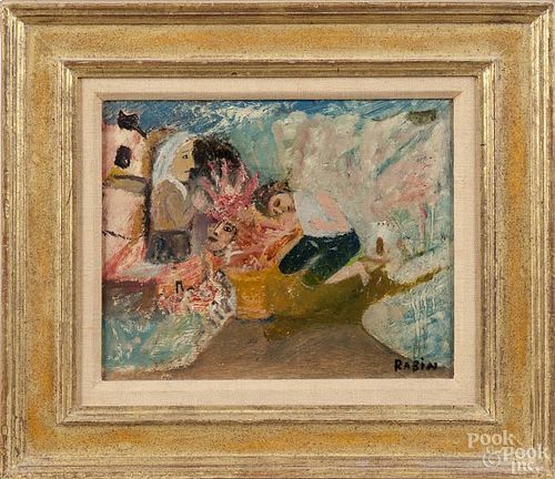Oil on board, titled Mother's Worry, early/mid 20th c., signed Rabin, 8'' x 10''.