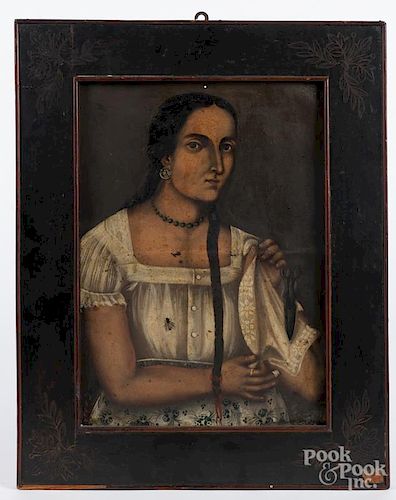 Spanish colonial oil on tin portrait of a woman