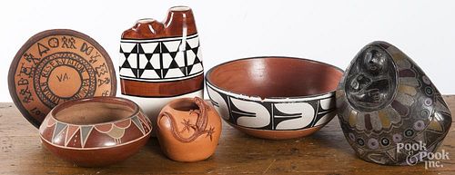 Six pieces of Native American and Mexican pottery
