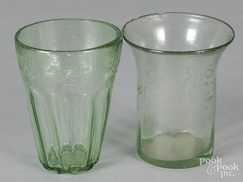 Two engraved green aqua glasses