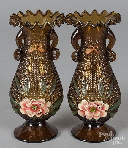 Pair of painted amber glass vases