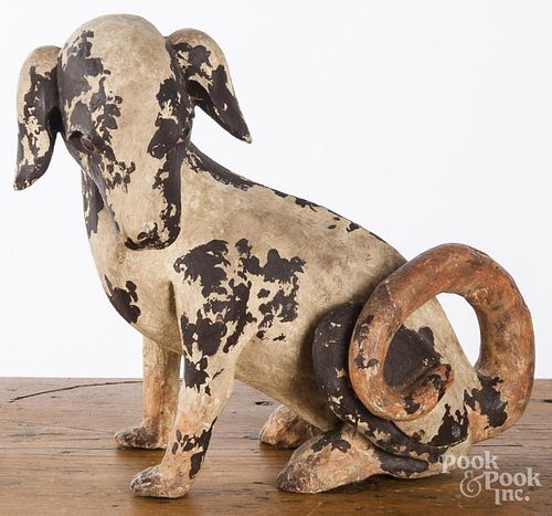 Painted pottery dog, 11'' h.