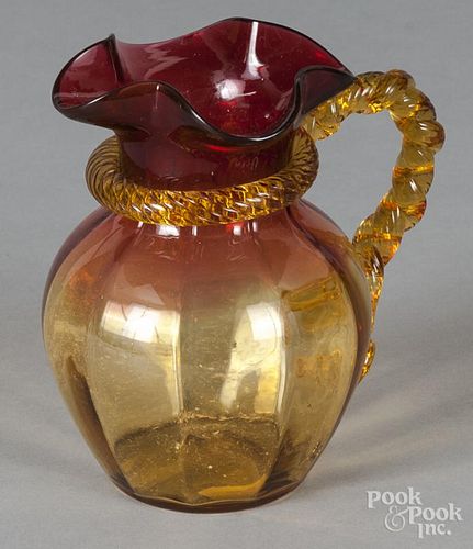 Amberina pitcher with rope twist handle