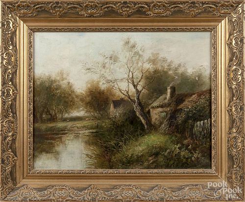Oil on canvas landscape, 19th c., with a cottage by a pond's edge and cows in the background, 14'' x