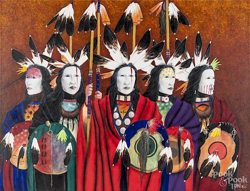 Bemic Nelson Yellowman (American 1952-), acrylic on canvas, titled The Gathering, 36'' x 48''.