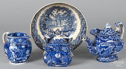 Four pieces of blue Staffordshire