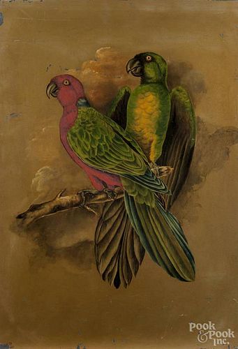 Painting on slate of parrots, initialed M. P. W. and dated 1889, 22'' x 15''.