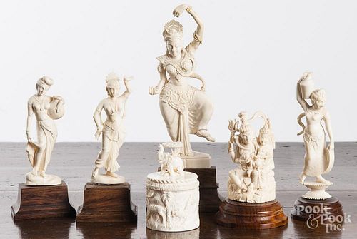 Five Asian carved ivory figures