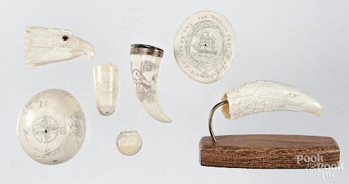 Grp. of scrimshaw decorated and carved whale teeth