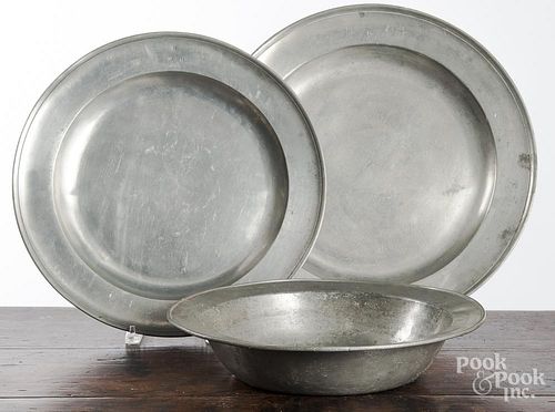 Five English pewter chargers