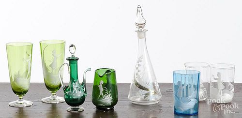 Eight pieces of Mary Gregory glass