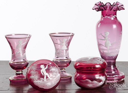 Five pieces of Mary Gregory ruby glass