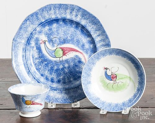 Blue spatter peafowl plate and cup and saucer