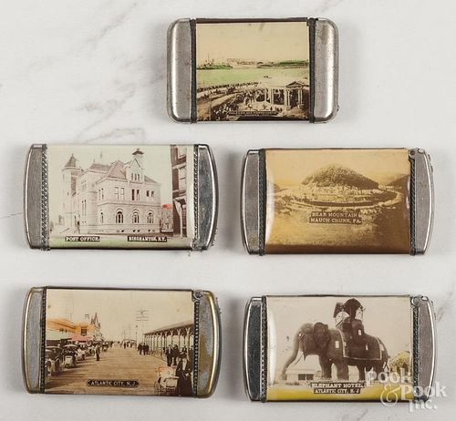 Five celluloid souvenir match vesta safes