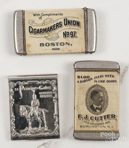 Two celluloid cigar advertising match vesta safes