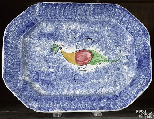 Blue spatter platter with peafowl