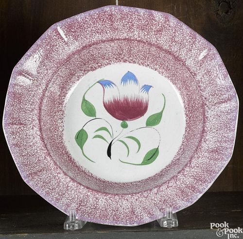 Red spatter soup bowl with tulip decoration