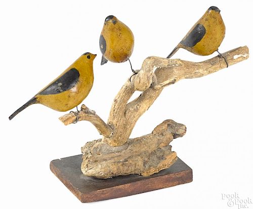 Folk art carved and painted bird group