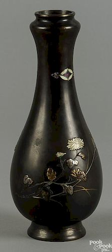 Japanese mixed metal on bronze bottle vase