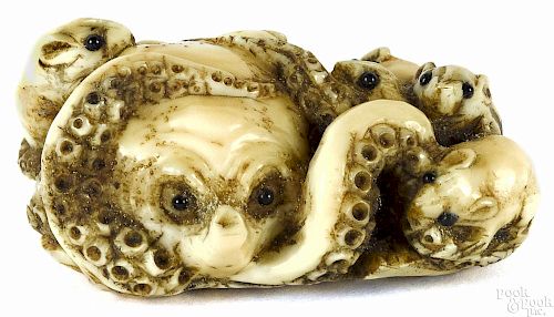 Japanese carved ivory rat and octopus netsuke