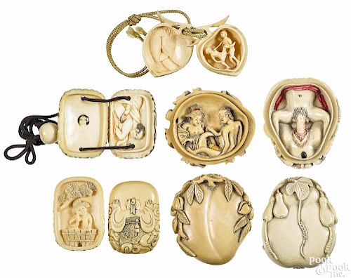 Five Japanese Meiji period carved ivory pendants