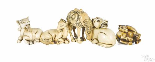 Five Japanese carved ivory horse netsukes