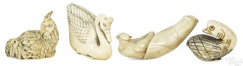 Four Japanese carved ivory bird netsukes