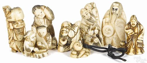 Eight Japanese Meiji period carved ivory netsukes