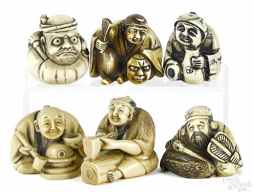 Six Japanese carved seated figure netsukes